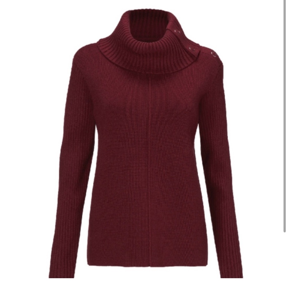 CAbi Pushover Pullover Cowl Neck Sweater with buttons on the neck